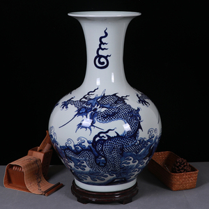 景德镇陶瓷器仿古青花瓷龙纹大花瓶客厅插花现代中式家居装饰摆件