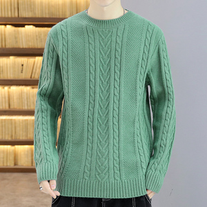 绿色扭花毛线衣手工编织钩花毛衣男生纯色宽松秋冬加厚羊绒针织衫