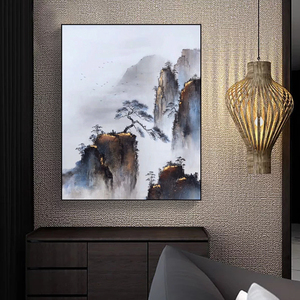 新中式走廊竖版玄关装饰画纯手绘油画山水画抽象挂画简约现代壁画