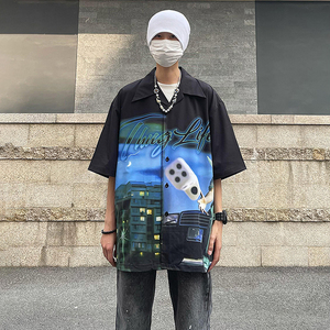 mmgj美式夏季蒸汽波人物印花衬衫复古潮流小众嘻哈短袖上衣男女
