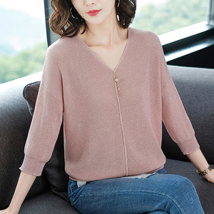 七分袖上衣女中袖冰丝针织衫v领打底衫春秋内搭2021年新款春季