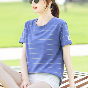 2件69】夏季2020年新款纯棉上衣服宽松韩版蓝色条纹短袖t恤女士装