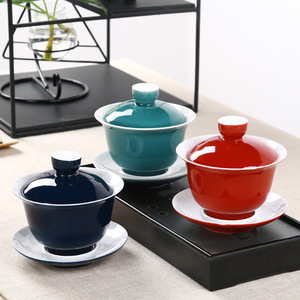 霁蓝釉三才盖碗创意家用大号泡茶碗定制红色功夫茶具陶瓷盖碗茶杯