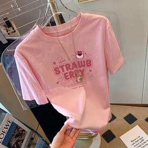 2024夏季新款粉色纯棉短袖t恤女正肩宽松百搭质感小熊图案上衣潮