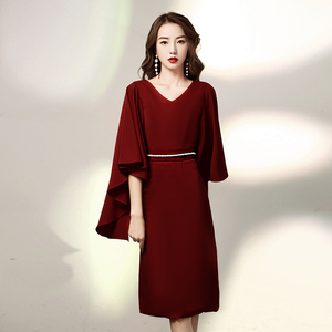 敬酒服新娘冬季长袖酒红色披肩播音艺考服装结婚便装小晚礼服裙女