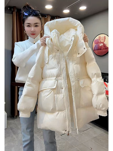 中长款米白色保暖羽绒棉服女款冬季设计感宽松收腰韩系外套高级感