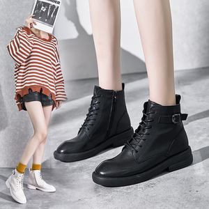 机车短靴女酷2019新款冬鞋加绒矮跟马丁靴ins潮时尚百搭真皮搭扣