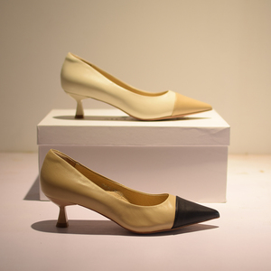 欧洲站女鞋春季新款拼色小香风高跟鞋欧潮尖头真皮一脚蹬单鞋女潮