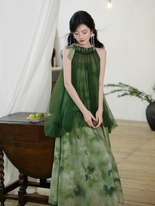 新中式绿色挂脖网纱雪纺连衣裙假两件套超仙海边旅游度假沙滩长裙