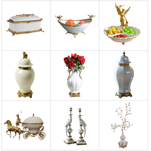 欧式白色冰裂纹陶瓷配铜摆件美式高端桌面花瓶果盘客厅玄关装饰品
