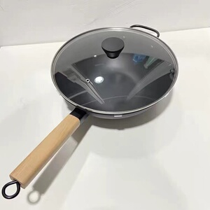 宜家国内代购瓦达恩 带盖中式炒菜锅电磁炉通用碳钢家用锅具30cm