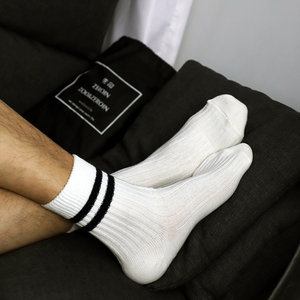 佐印春秋条纹男士纯棉中长筒薄款运动袜子余文乐韩版百搭男袜白袜