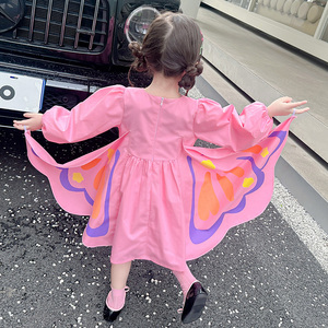 女小童纯棉蝴蝶翅膀长袖连衣裙秋季新款女宝宝洋气设计感公主裙子