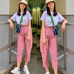 沈梦辰同款粉色裤子女夏裤薄款九分裤休闲裤女生工装裤潮直筒显瘦
