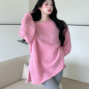 露肩粉色毛衣斜肩奶油粗线2021冬季新款软糯温柔风漏肩一字肩上衣