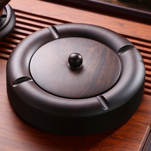 中式黑檀实木烟灰缸带盖大号创意个性潮流家用客厅防飞灰定制复古