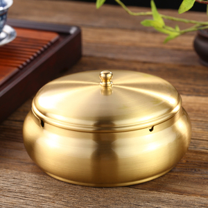 黄铜大号中式烟灰缸带盖家用客厅创意个性防飞灰时尚摆件复古铜制