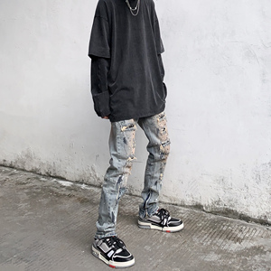 匪帮高街泼墨破洞补丁水洗牛仔裤弹力修身小脚侧拉链裤子比伯同款