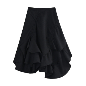 designer plus 不规则波浪下摆黑色半身裙女夏高腰设计感小众裙子