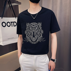 老虎头图案烫钻t恤男短袖潮牌潮流百搭ins痞帅上衣夏天半袖打底衫