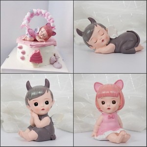 梦幻爱莎与凯勒天使蛋糕装饰摆件睡眠宝宝烘焙装扮恶魔天使娃娃