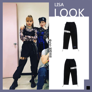 过验 as lisa同款破洞休闲裤 束带束脚裤子 black pink同款长裤