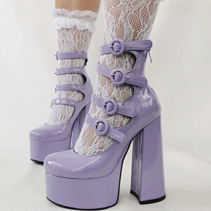 紫色圆头日系百搭甜美洛丽塔lolita可爱超高跟绑带罗马高跟鞋
