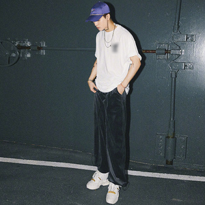 高街裤子男王嘉尔同款丝绒裤宽松直筒嘻哈夏季抽绳束脚休闲运动裤