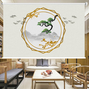 新中式山水画卷帘窗帘客厅书房办公室茶楼遮光挂画隔断升降免打孔