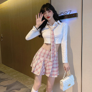 jk制服性感露腰短款衬衫女学生学院风格子高腰半身裙百褶裙套装女