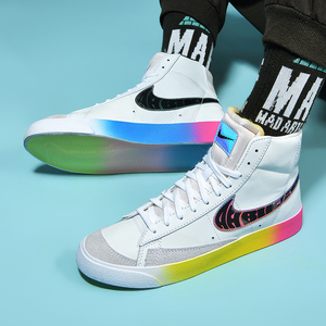 aj男鞋电玩像素镭射空军一号冬季新款加绒女鞋开拓者lol高帮板鞋