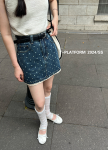 T-PLATFORM韩系波点蕾丝拼接牛仔短裙裤女2024夏季高腰显瘦半身裙