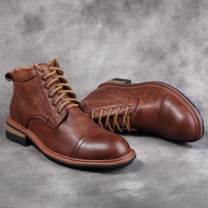 新款真皮欧美潮流粗犷男短靴固特异做旧休闲复古高帮皮鞋厚底户外