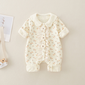 婴儿衣服春秋长袖1-5个月女宝宝连体衣洋气薄款纯棉公主外出爬服