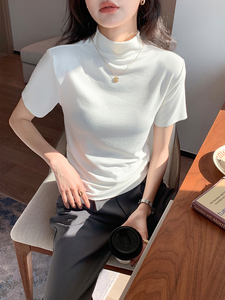 韩国白色短袖T恤女2024夏季新款百搭修身西装内搭正肩半高领体恤~