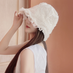 仙女款~白色珍珠荷叶边渔夫帽女夏季薄款透气防晒水桶帽遮阳帽子