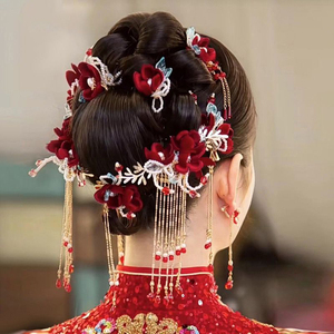 涵涵新娘结婚秀禾头饰酒红色绒花中式古装手工串珠花朵古风发饰品