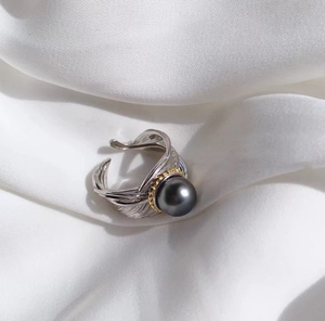 厂家DIYS925纯银羽毛分色电镀珍珠配件戒指开口调节指环 半成品拖