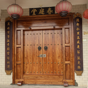 老榆木中式庭院仿古雕刻实木大门农村别墅会所双开围墙四合院老门