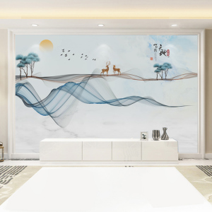 8d新中式电视背景墙壁纸客厅影视墙布32d大气麋鹿仿大理石纹墙纸