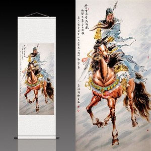水墨丝绸画卷轴画国画关公骑马风水丝绸三国名将丝绸字画茶楼挂画