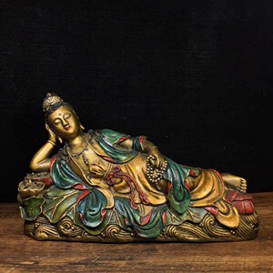 做旧纯铜彩绘睡观音铜像家居店铺供奉观世音菩萨手拿佛珠观音佛像