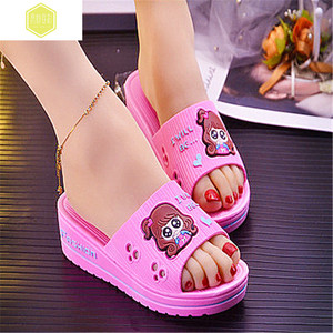 厚底坡跟粉色女拖鞋家居凉拖外穿时尚甜美小女孩可爱增高跟休闲拖