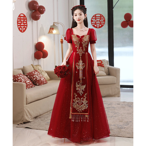 中式敬酒服新娘2024新款酒红色出阁嫁衣结婚礼服裙女秀禾服高级感