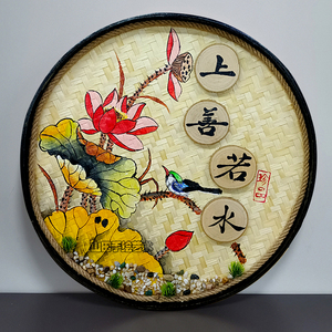 手绘竹编画鸟类花草风景画茶馆办公室墙壁挂画农家院饭店装饰挂件