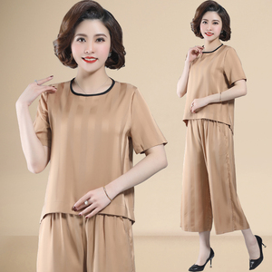 50岁妈妈夏装套装中年减龄小衫短袖洋气中老年女装夏季仿真丝上衣