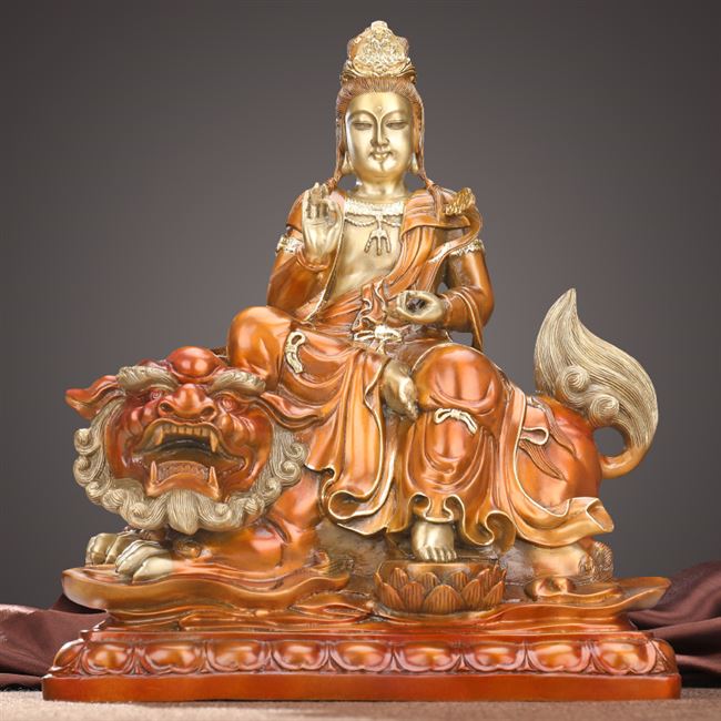 纯铜文殊菩萨佛像摆件彩铜坐骑狮子文殊神像居家佛堂供奉家宅平安