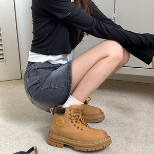 复古英伦风厚底大黄靴踢不烂圆头系带中筒骑士马丁靴女单靴短靴子