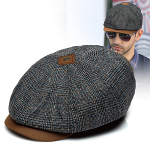 格纹撞色八角帽子男士秋冬贝雷帽耐磨软顶有型欧美风画家帽后封口