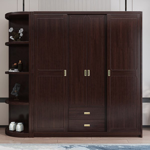 新中式实木衣柜家用主卧四门推拉门卧室移门趟门紫檀色衣橱带边柜